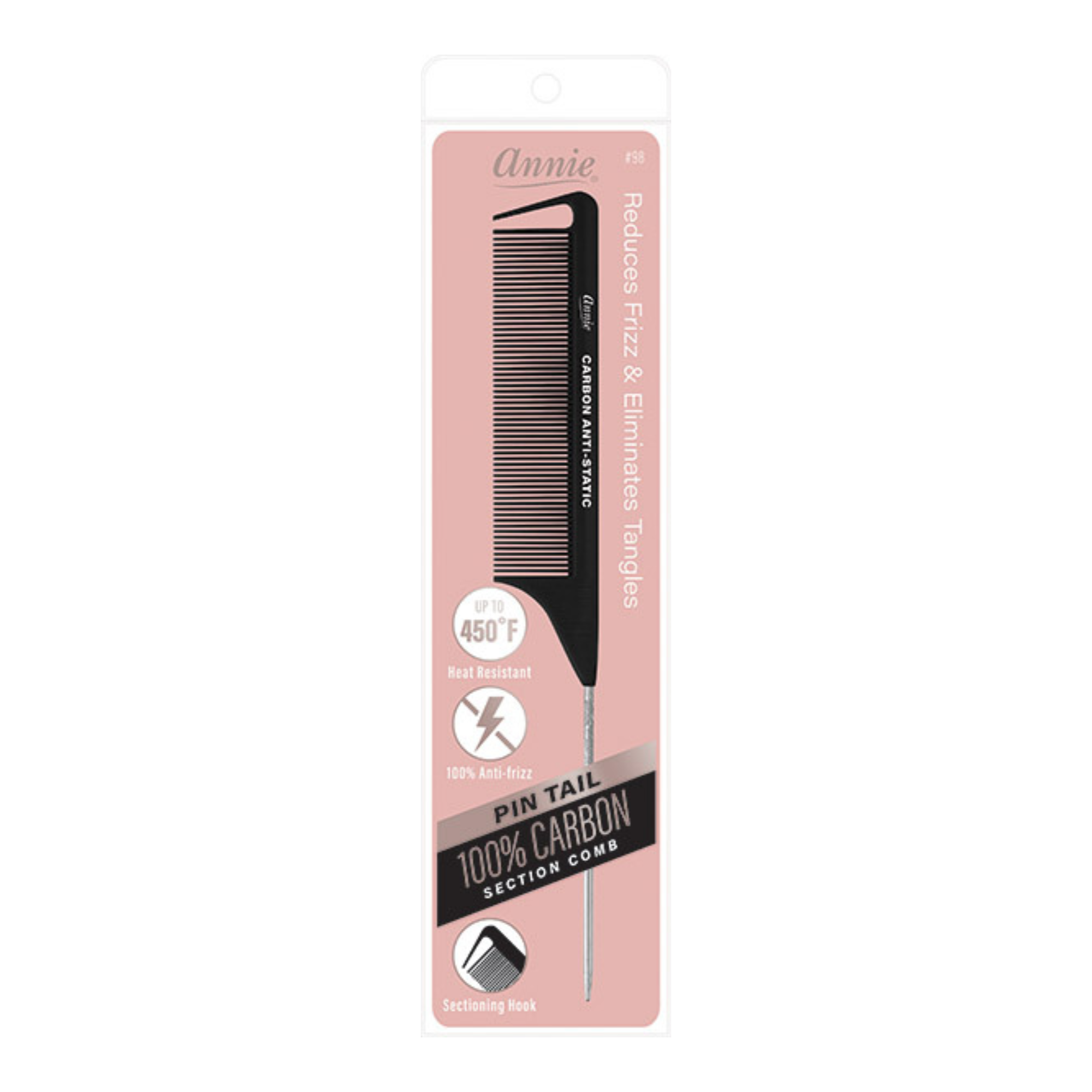 Annie Carbon Fiber Pin Tail Comb, 1 Count, Black